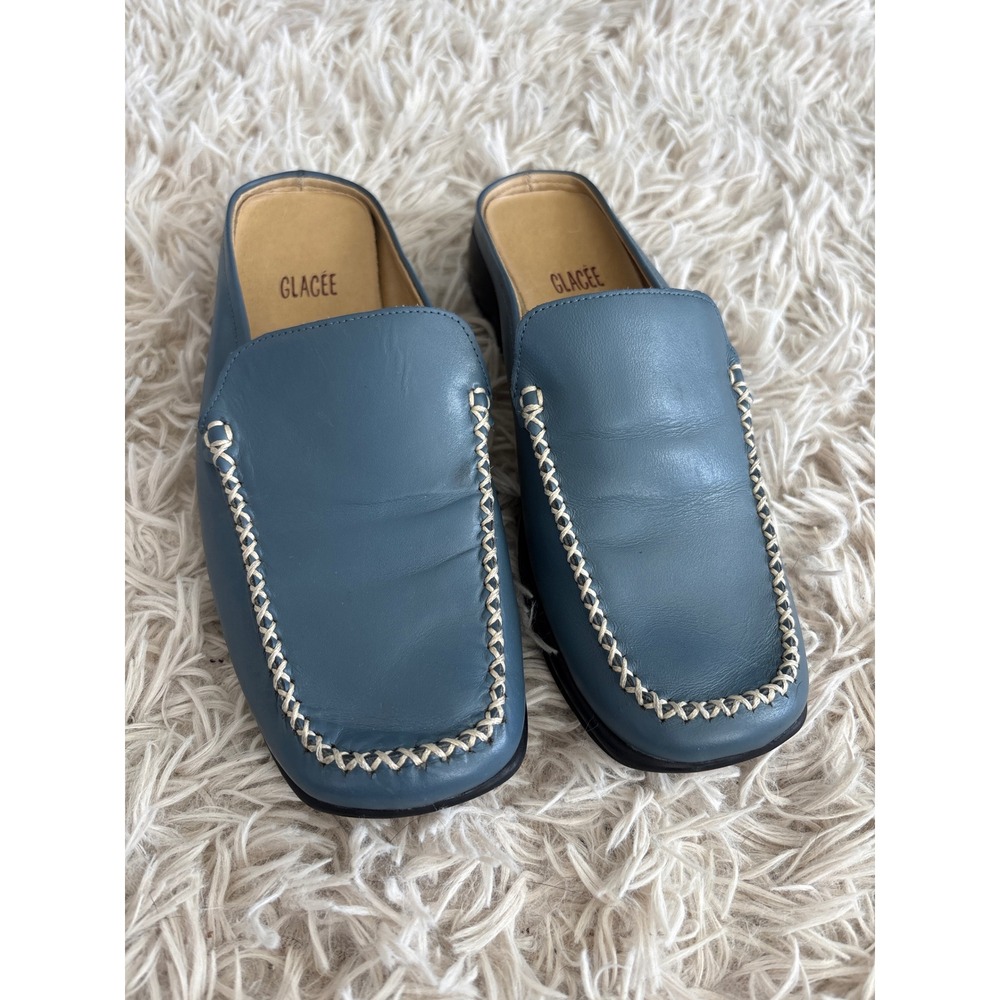 GLACEE Women Blue Leather Square Toe Mules Slip On Loafers Size 6M